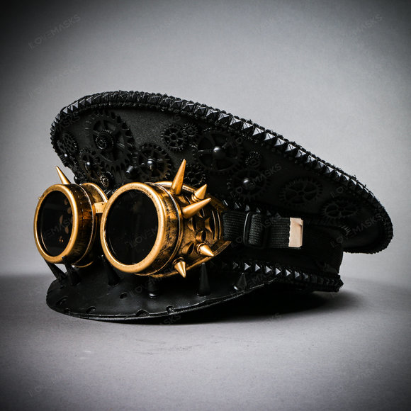 Steampunk Burning Man Spike Gold Goggles Captain Hat - Black - Picture 6 of 7
